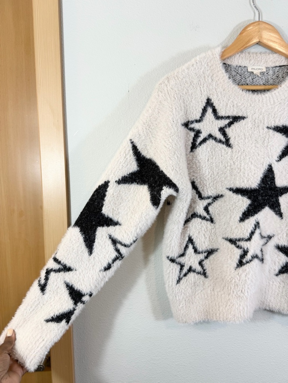 Anthropologie Pilcro Star Patterned Eyelash Sweater Size S Ivory Black Crewneck - Picture 5 of 10
